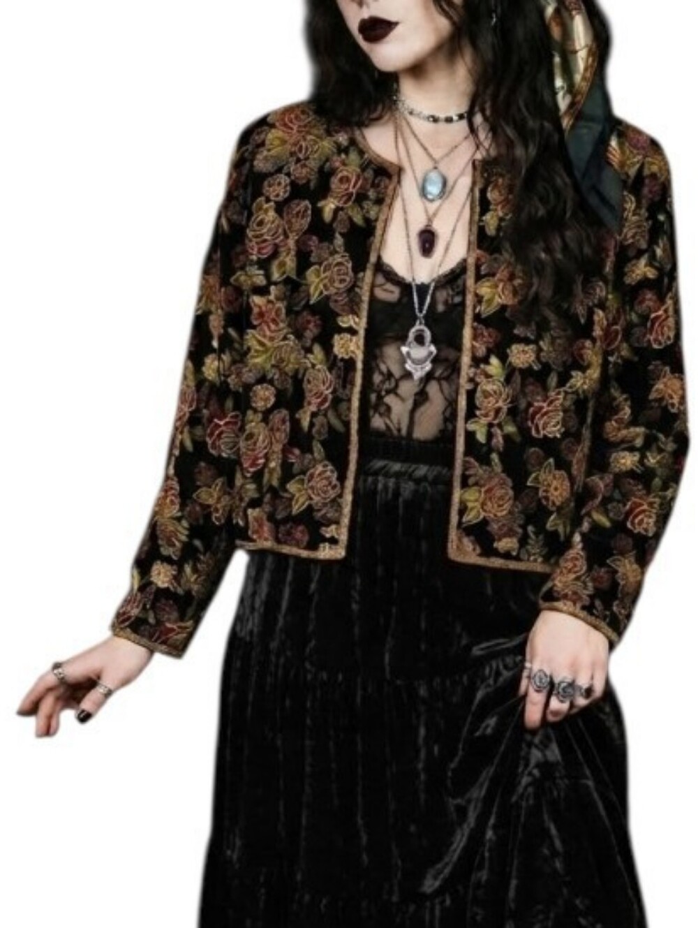 Vintage 90s Papell Boutique Beaded Velvet Floral Blazer Black Gold Petite Small